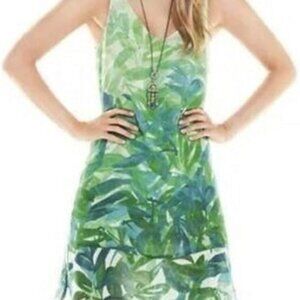 Cabi Castaway Dress Tropical Watercolor Leaf Print Size Medium Green Blue Resort